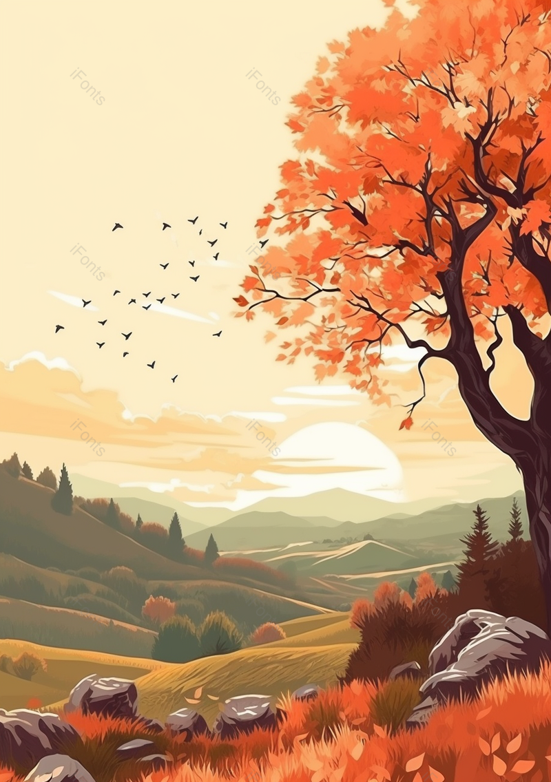 黄色草地和枫树秋分中国风手绘背景,插画/手绘图,插画/手绘图库,插画/手绘图下载,插画/手绘